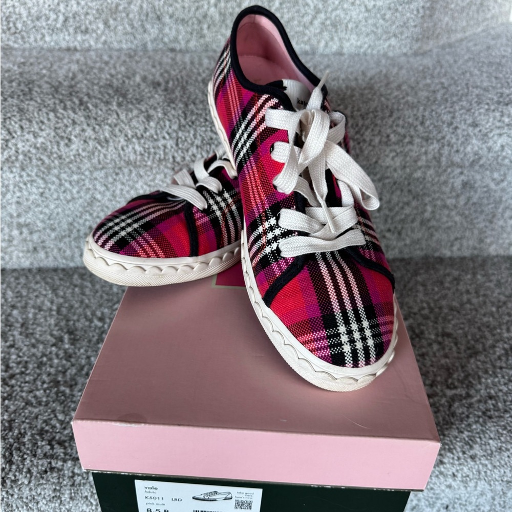 Kate Spade Vale Pink and red plaid canvas  Sneakers 8.5